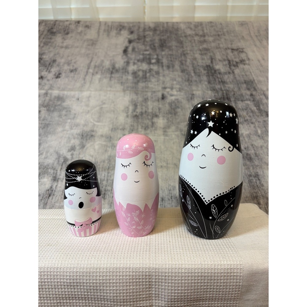 Modern Wooden Nesting Dolls Set of 3 Pink Black White Celestial Star Nursery Art